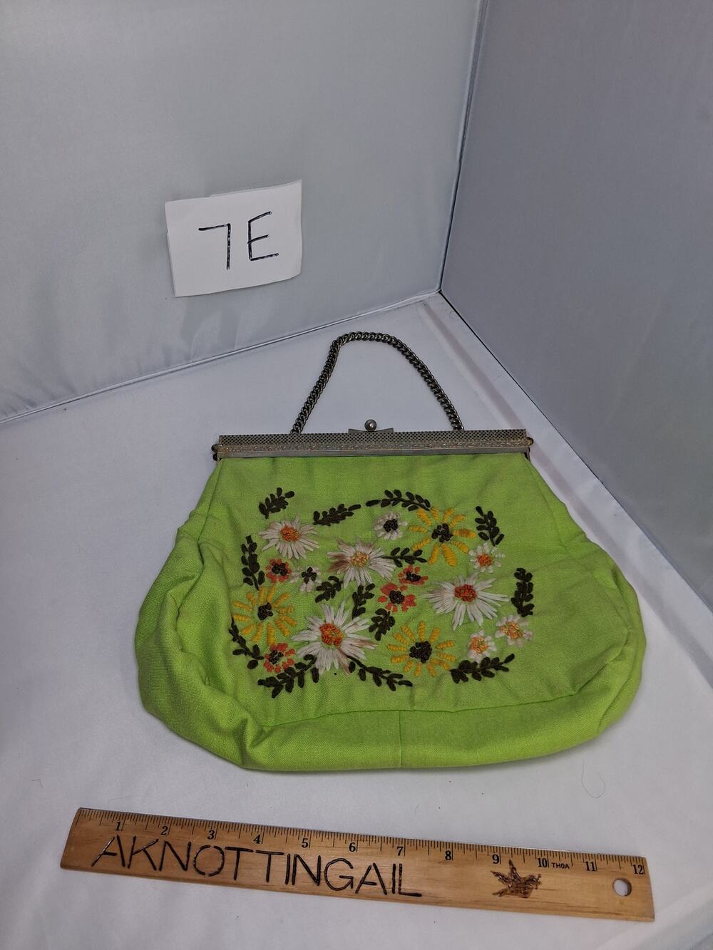 Vintage Hand Embroidered Crewel Clasp Lock Purse with Chain Handmade